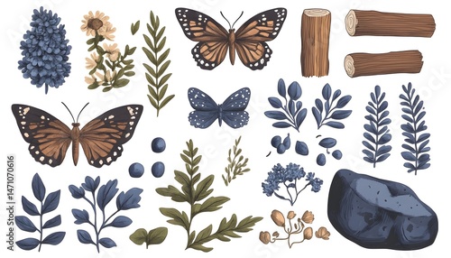 A collection of nature-inspired illustrations, featuring butterflies, flowers, leaves, berries, logs, and a stone