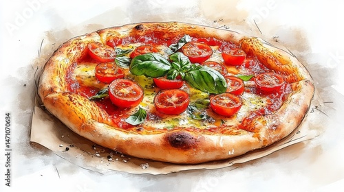 Hand-drawn illustration of a delicious pizza.