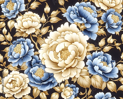 A dark background with a repeating pattern of white and blue peonies with gold outlines and leaves