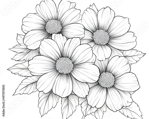 A delicate bouquet of four stylized flowers with intricate petals and leaves, rendered in a minimalist line art style