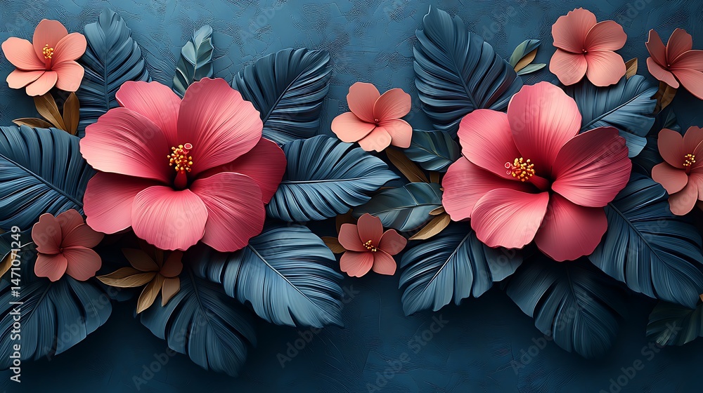 Obraz premium Modern 3D tropical floral background featuring bright hibiscus blossoms high resolution wallpaper