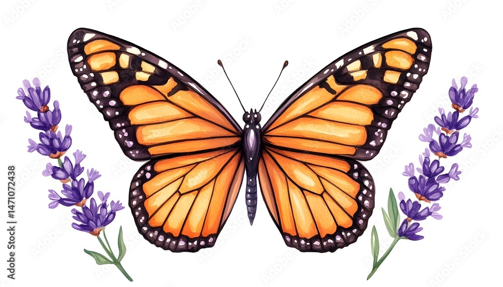 Fototapeta premium A monarch butterfly with outstretched wings is perched between two sprigs of purple lavender flowers