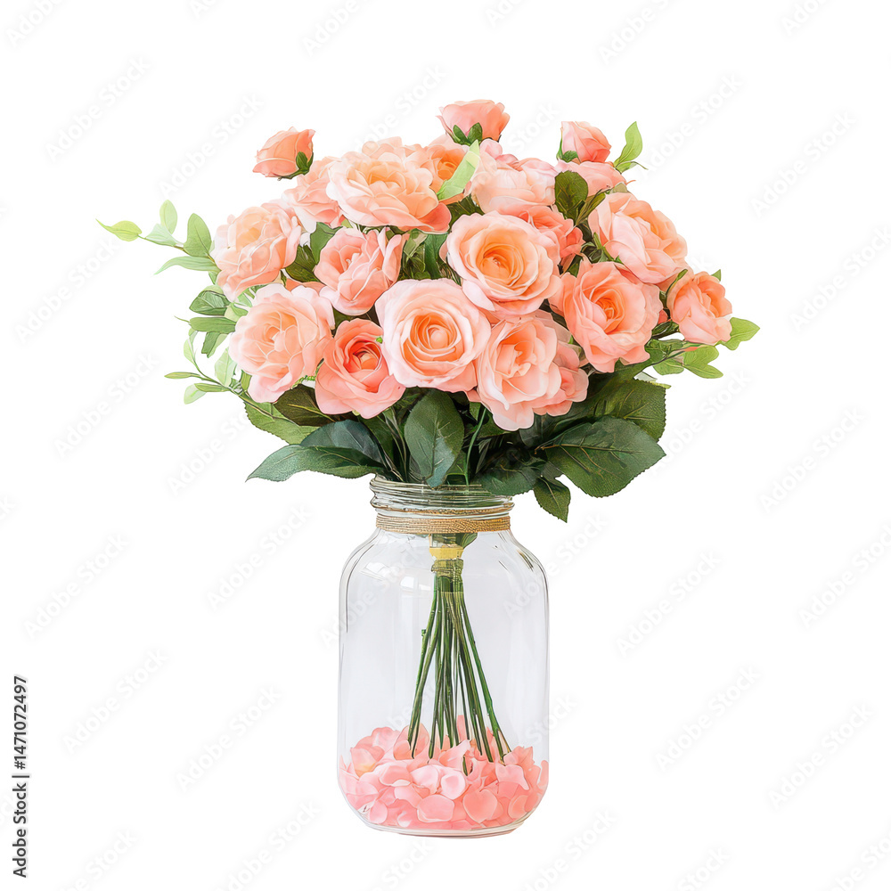 Obraz premium Peach Rose Bouquet in Glass Vase: A charming bouquet of peach-colored roses in a clear glass vase, adorned with greenery. The roses are artfully arranged, creating a delicate and romantic atmosphere.