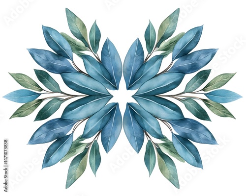 A symmetrical arrangement of blue and green leaves, resembling a butterfly or a floral design