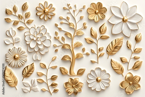 A white background adorned with golden and white 3D floral elements, including flowers, leaves, and branches