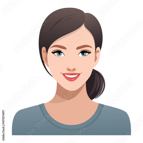 Flat Vector. Portrait of only one Woman. Simple Background.