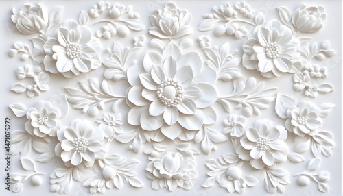An intricate 3D floral design with white flowers and leaves on a white background
