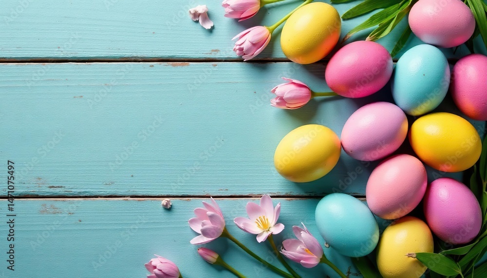 Obraz premium Vibrant pastel Easter eggs scattered on a rustic wooden surface Perfect for spring, holiday, and celebration themes , decor, colorful