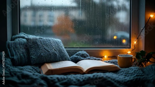 A cozy scene featuring an open book on a blanket by a rainy window with fairy lights and a warm cup of coffee.
