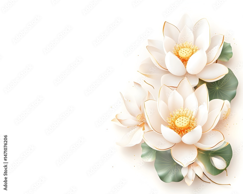 Two white lotus flowers with golden accents and green leaves against a white background Two white lotus flowers with golden accents and green leaves against a white background