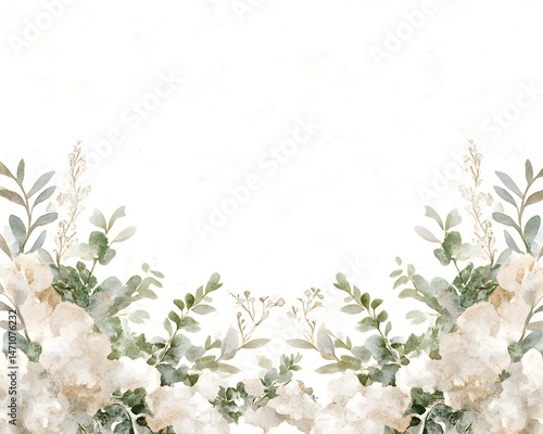 Watercolor floral border with white flowers and green leaves on a white background