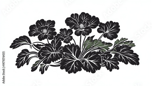 A black and white illustration of a bouquet of stylized flowers with leaves