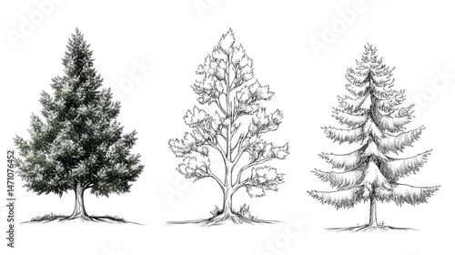 A black and white line drawing of three trees, one colored green