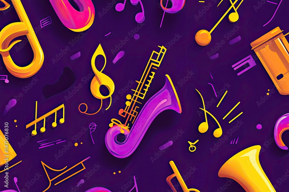 Obraz premium Flat vector background with music notes and instruments vibrant purple and yellow palette creative and rhythmic.