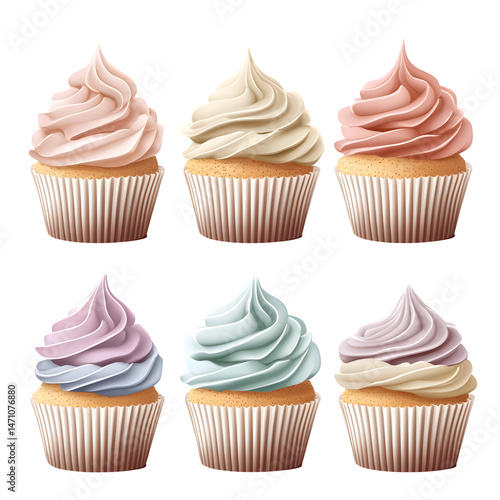 Assorted gourmet cupcakes with pastel-colored icing isolated on transparent background