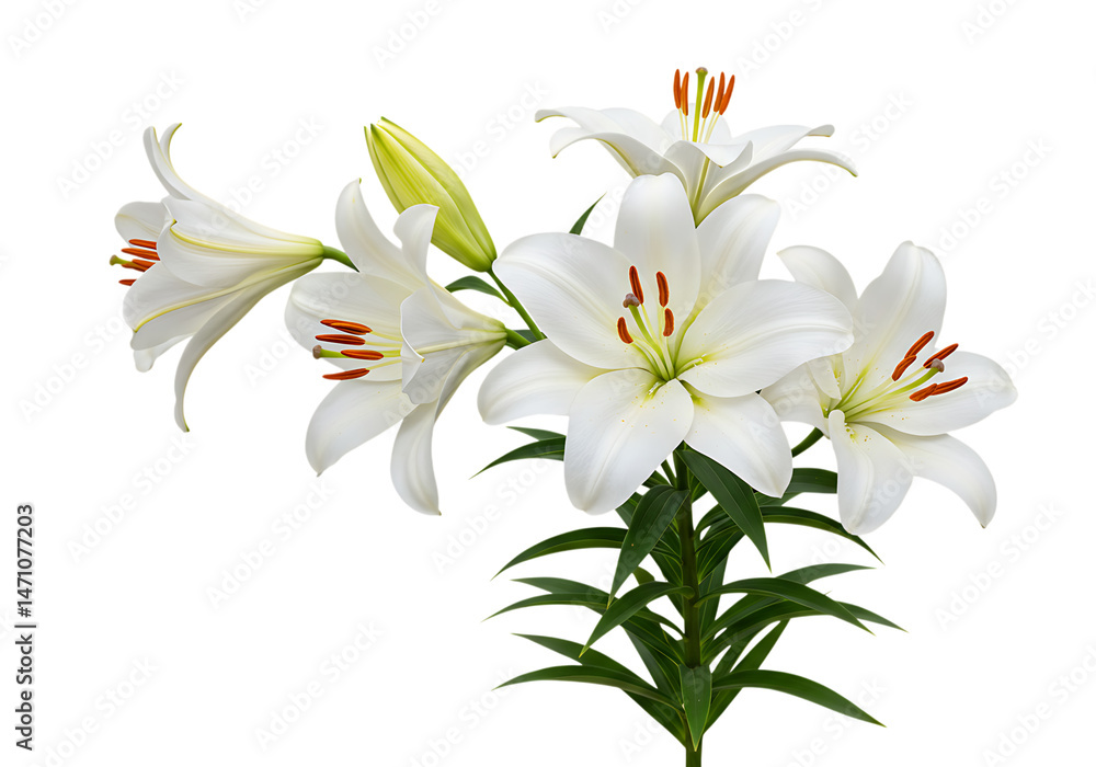 Fototapeta premium Elegant white lilies isolated on transparent background for wedding, decoration, and floral design projects.
