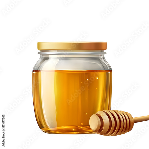 A clear glass jar of honey with a wooden dipper isolated on transparent background