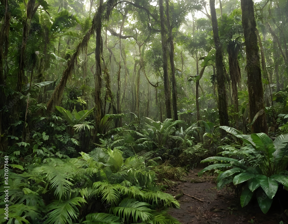 Fototapeta premium Tropical rainforest in Central America, A beautiful natural background. Tropical forest in the morning.