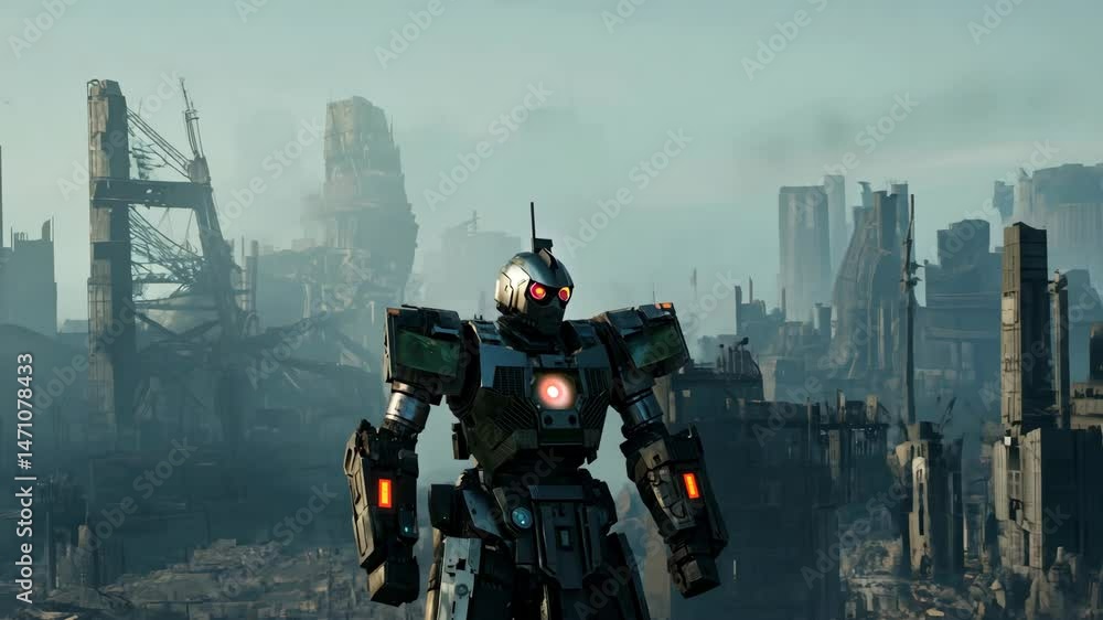 Giant Robot Sentinel Over Distant Ruined Cityscape, Post-Apocalyptic Future, 4K. Giant Robot Sentinel Over Distant Ruined Cityscape, Post-Apocalyptic Future, 4K.