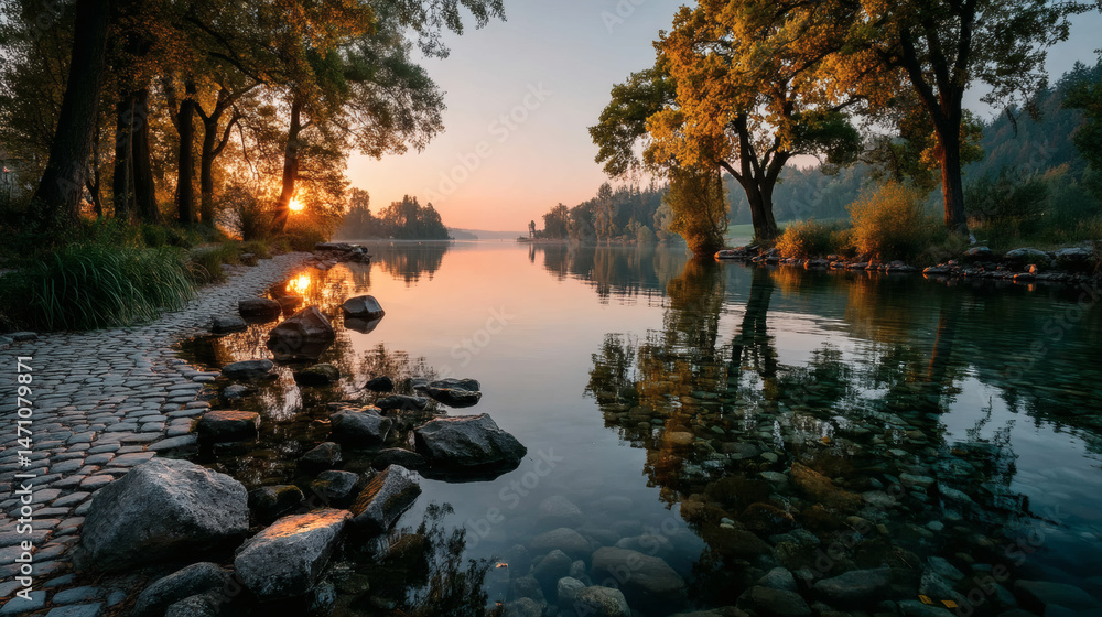 Obraz premium Tranquil lake sunset reflections scenic nature view peaceful environment calm waters