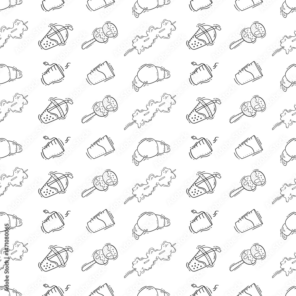 Obraz premium food pattern. fast food seamless pattern. doodle food and beverage seamless pattern. food background
