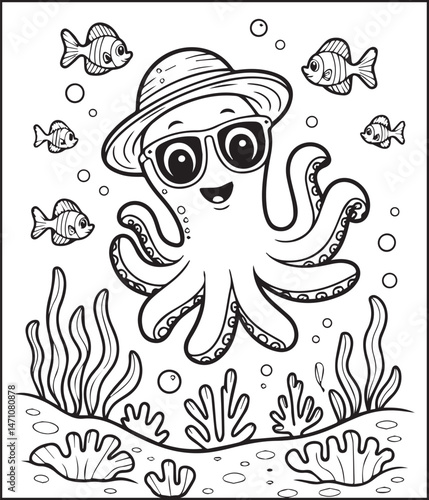 Cute octopus with ocean underwater scenery coloring page for kids, black line art vector for children book design
