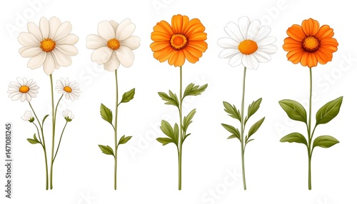 A collection of six white and orange daisies with green stems and leaves