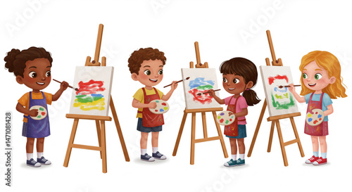 Children painting at art class for commercial use, vector style