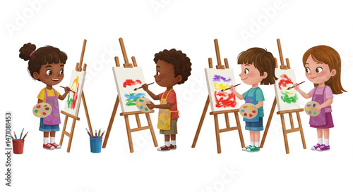 Children painting at art class for commercial use, vector style