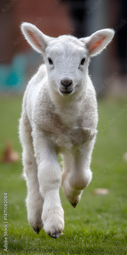 Obraz premium Joyful Lamb Frolicking in a Colorful Spring Meadow