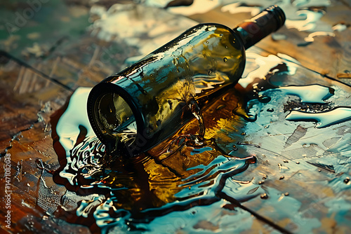 Tipped-over green wine bottle spills liquid onto wooden floor creating reflective pool of wine amidst warm-toned backdrop

