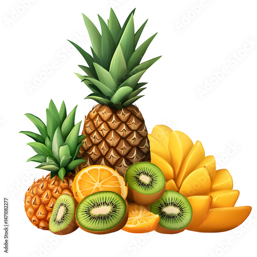 Vibrant assortment of tropical fruits including pineapple, kiwi, and mango isolated on transparent background
