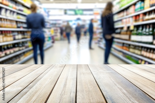 Grocery store aisle, blurred background, wooden table