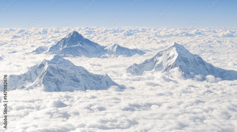 High-altitude view of snow-capped mountain peaks above clouds. High-altitude view of snow-capped mountain peaks above clouds.