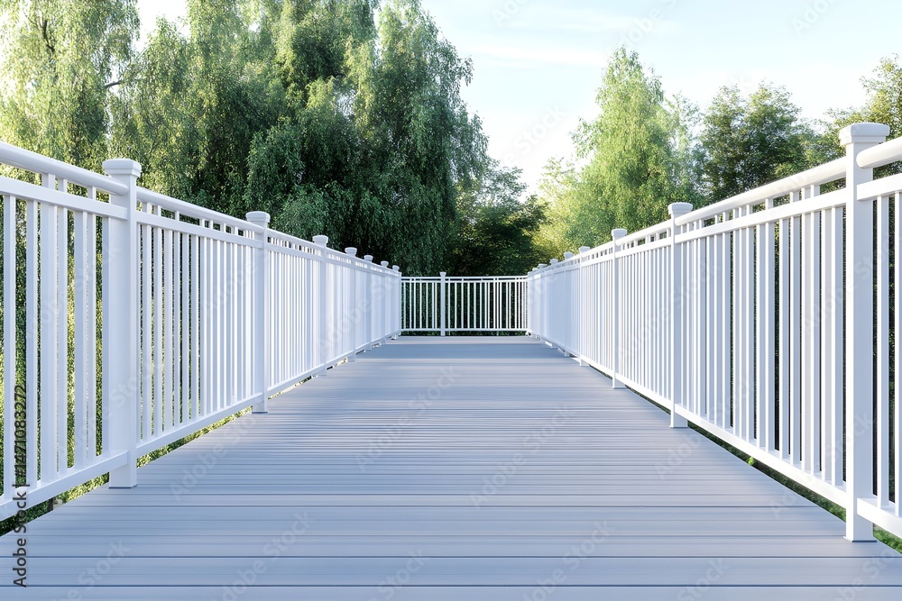 A perspective view of a wooden deck with white railings and a leafy background A perspective view of a wooden deck with white railings and a leafy background