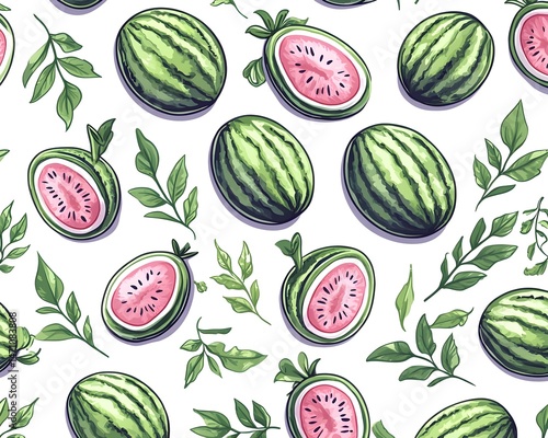 A seamless pattern featuring whole and halved watermelons with green leaves on a white background