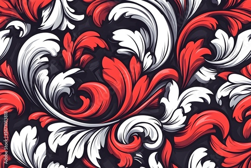 A seamless pattern of red and white stylized floral designs on a dark background