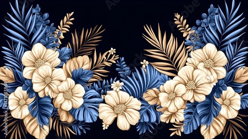 A seamless pattern of beige flowers with blue and gold leaves on a black background