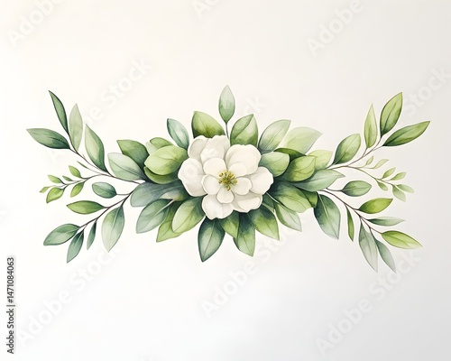 A single white flower with a yellow center is surrounded by green leaves