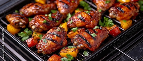 Grilled chicken pieces with vegetables on a rack