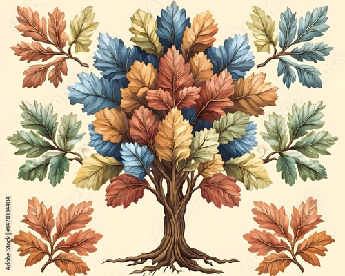 A stylized tree with colorful leaves and a thick brown trunk, surrounded by smaller leaf clusters
