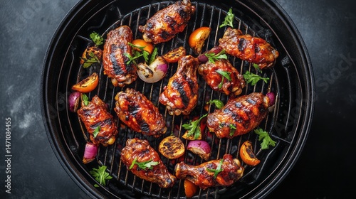 Delicious grilled chicken wings on a barbecue grill.