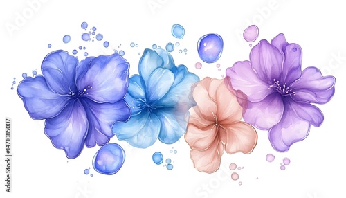 A watercolor painting of four flowers in shades of blue, pink, and purple with water droplets scattered around