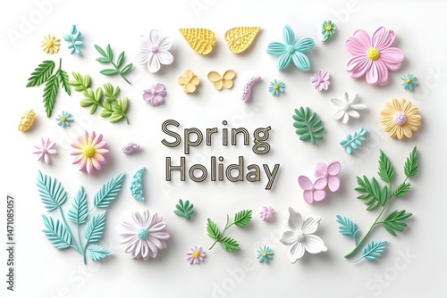 A white background with colorful paper flowers, leaves, and butterflies arranged around the words "Spring Holiday
