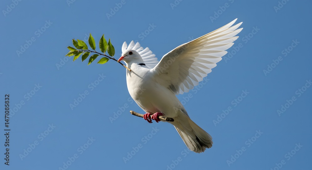 Fototapeta premium Dove Flying with Olive Branch Against Blue Sky