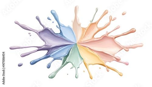 Six pastel-colored paint splatters arranged in a radial pattern, resembling a flower with spiky petals