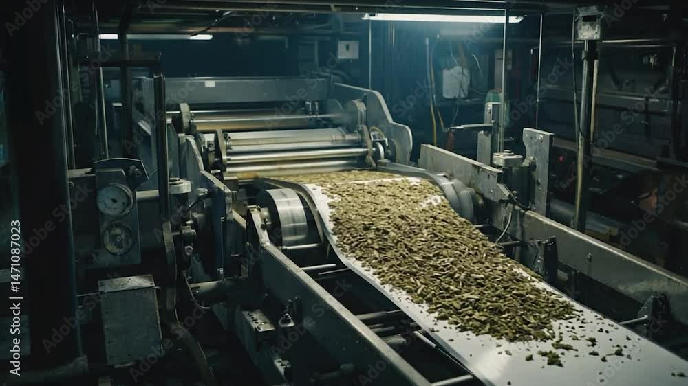 Industrial conveyor belt transporting material in manufacturing process Industrial conveyor belt transporting material in manufacturing process