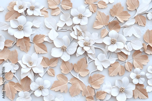White and brown 3D flowers and leaves on a light background
