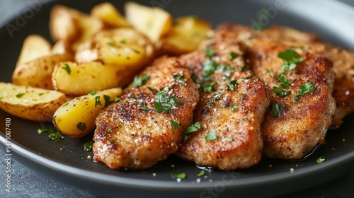 Roasted pork chops and crispy potatoes served on a dark plate.