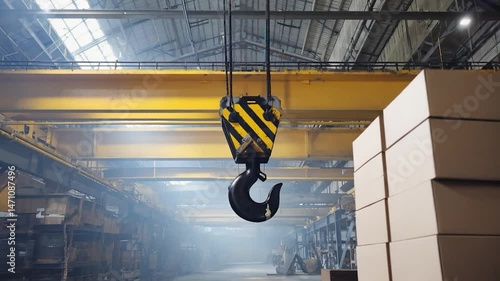 Industrial crane hook suspended inside a factory building